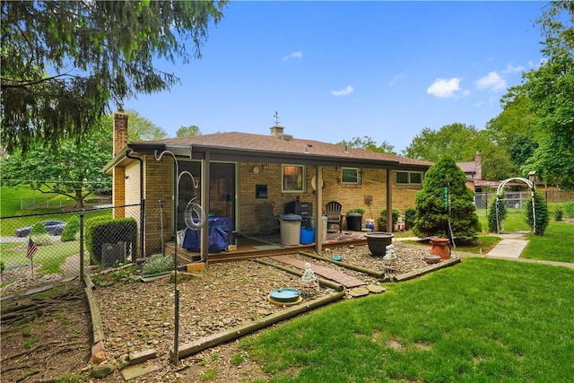 441 Wyndhurst Dr, Moon/Crescent Twp, PA 15108 - back of house featuring a chimney, brick siding, and a wooden deck