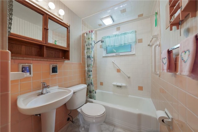 441 Wyndhurst Dr, Moon/Crescent Twp, PA 15108 - bathroom featuring tile walls, toilet, shower / bathtub combination with curtain, and tile patterned flooring