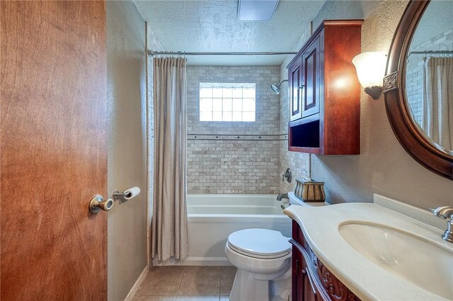 62 Spring St, Etna, PA 15223 - bathroom with tile patterned floors, shower / bath combination with curtain, a textured ceiling, a textured wall, and vanity