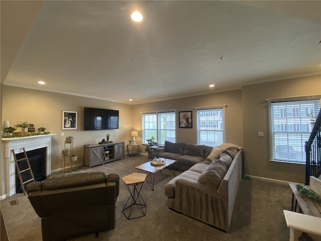 173 Rylie Dr, Lehigh Twp, PA 16037 - living area featuring carpet flooring, ornamental molding, recessed lighting, and a fireplace