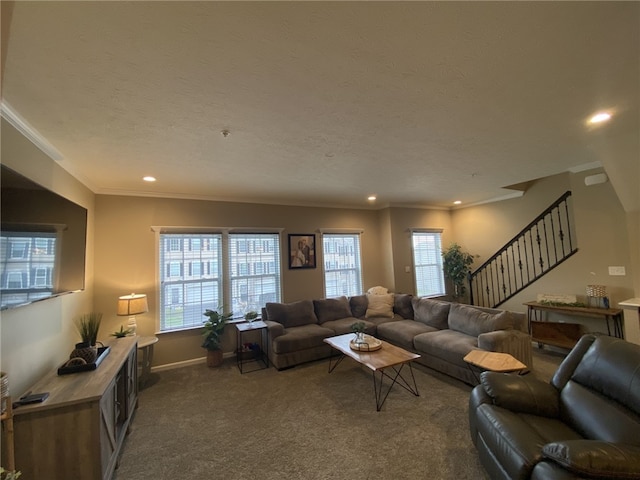 173 Rylie Dr, Lehigh Twp, PA 16037 - living room featuring stairs, dark colored carpet, crown molding, recessed lighting, and a textured ceiling