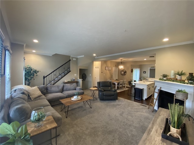 173 Rylie Dr, Lehigh Twp, PA 16037 - living room with stairs, ornamental molding, and recessed lighting