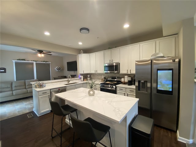 173 Rylie Dr, Lehigh Twp, PA 16037 - kitchen featuring stainless steel appliances, a peninsula, white cabinetry, backsplash, and open floor plan