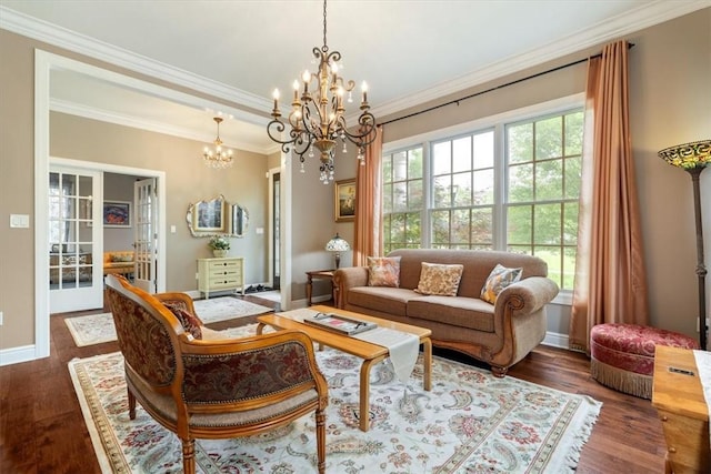 1690 Shelburne Ln, Squirrel Hill, PA 15217 - living room with a chandelier, dark wood-style floors, crown molding, and baseboards