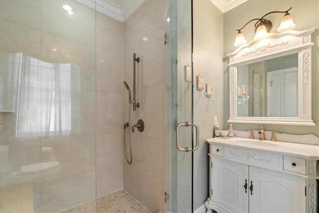 1690 Shelburne Ln, Squirrel Hill, PA 15217 - bathroom with ornamental molding, a shower stall, and vanity