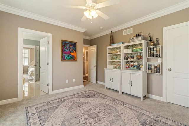 1690 Shelburne Ln, Squirrel Hill, PA 15217 - bedroom with light carpet, ornamental molding, baseboards, and a ceiling fan