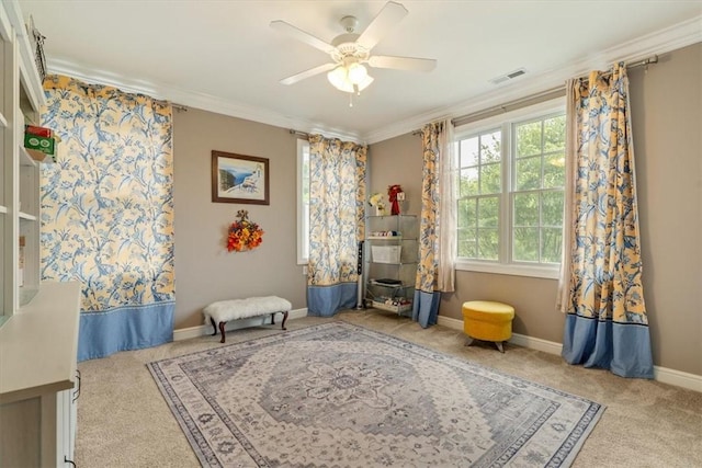 1690 Shelburne Ln, Squirrel Hill, PA 15217 - sitting room with ornamental molding, carpet floors, ceiling fan, and baseboards