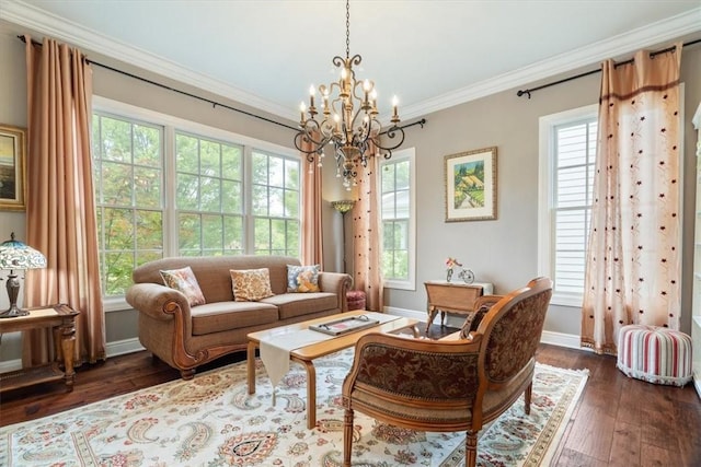 1690 Shelburne Ln, Squirrel Hill, PA 15217 - living room with a chandelier, plenty of natural light, baseboards, dark wood-style floors, and ornamental molding