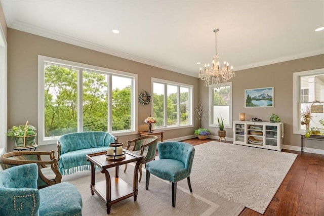 1690 Shelburne Ln, Squirrel Hill, PA 15217 - living area featuring dark wood-type flooring, baseboards, crown molding, a chandelier, and recessed lighting