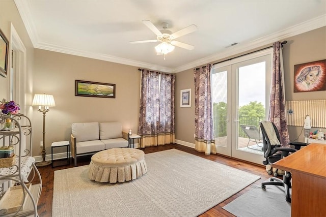 1690 Shelburne Ln, Squirrel Hill, PA 15217 - home office with wood finished floors, ceiling fan, crown molding, and baseboards