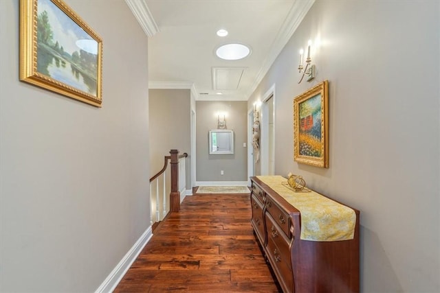 1690 Shelburne Ln, Squirrel Hill, PA 15217 - corridor featuring attic access, dark wood-style floors, an upstairs landing, crown molding, and baseboards