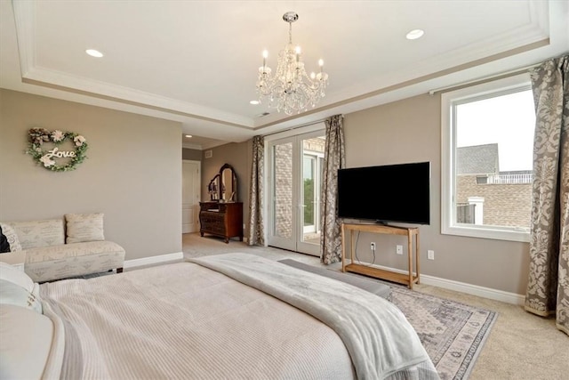1690 Shelburne Ln, Squirrel Hill, PA 15217 - bedroom featuring a raised ceiling, multiple windows, light colored carpet, crown molding, and recessed lighting