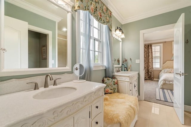 1690 Shelburne Ln, Squirrel Hill, PA 15217 - full bath featuring connected bathroom, plenty of natural light, ornamental molding, two vanities, and tile patterned flooring