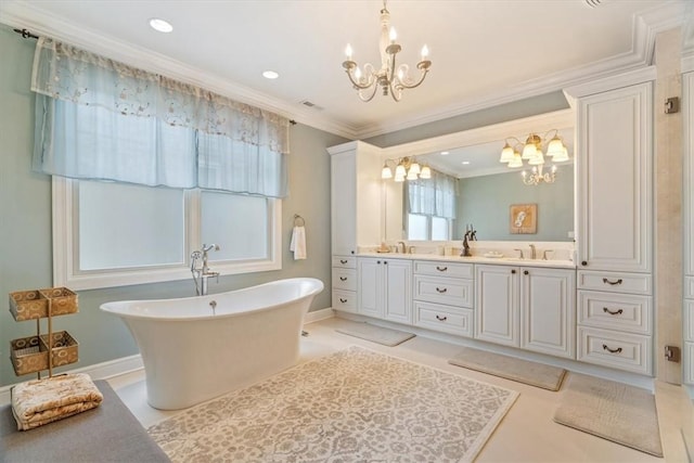 1690 Shelburne Ln, Squirrel Hill, PA 15217 - full bath featuring a chandelier, healthy amount of natural light, a freestanding tub, double vanity, and crown molding