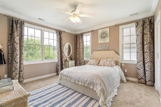 1690 Shelburne Ln, Squirrel Hill, PA 15217 - bedroom with baseboards, light colored carpet, crown molding, and ceiling fan