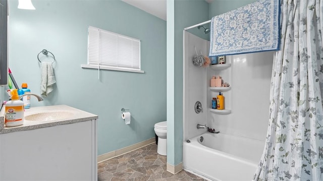 419 Carothers Ave, Carnegie, PA 15106 - bathroom featuring toilet, baseboards, vanity, shower / bathtub combination with curtain, and stone finish flooring
