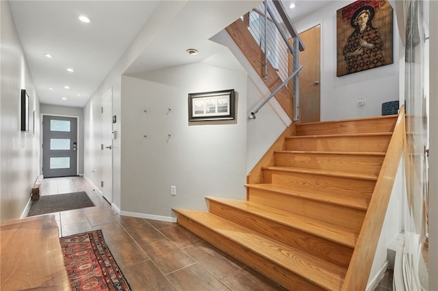 204 Bailey Ave, Mt Washington, PA 15211 - entrance foyer with stairs, recessed lighting, tile patterned floors, and baseboards