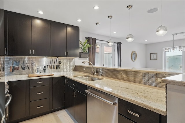 204 Bailey Ave, Mt Washington, PA 15211 - kitchen with stainless steel dishwasher, a sink, backsplash, light stone countertops, and recessed lighting
