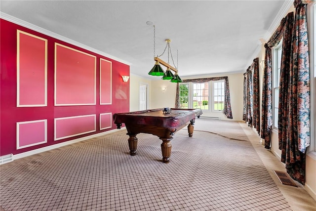 16 Mcbride Rd, North Strabane, PA 15317 - game room featuring pool table, ornamental molding, carpet floors, baseboards, and baseboard heating