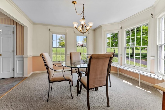 16 Mcbride Rd, North Strabane, PA 15317 - dining area featuring baseboards, ornamental molding, a chandelier, and carpet floors