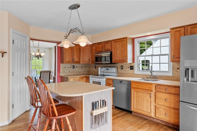 16 Mcbride Rd, North Strabane, PA 15317 - kitchen featuring stainless steel appliances, a sink, light countertops, decorative backsplash, and a kitchen bar