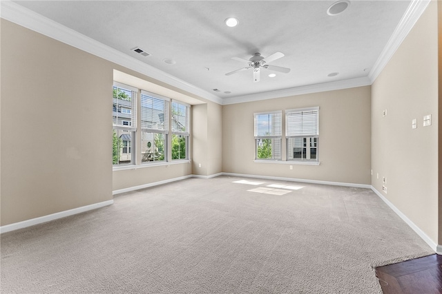 876 Beacon Ln, Mccandless, PA 15237 - carpeted empty room featuring ornamental molding, a ceiling fan, baseboards, and recessed lighting