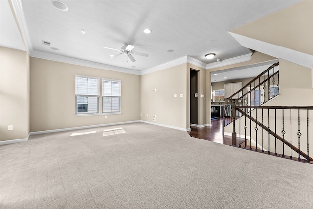 876 Beacon Ln, Mccandless, PA 15237 - carpeted spare room with ornamental molding, a ceiling fan, baseboards, stairs, and recessed lighting