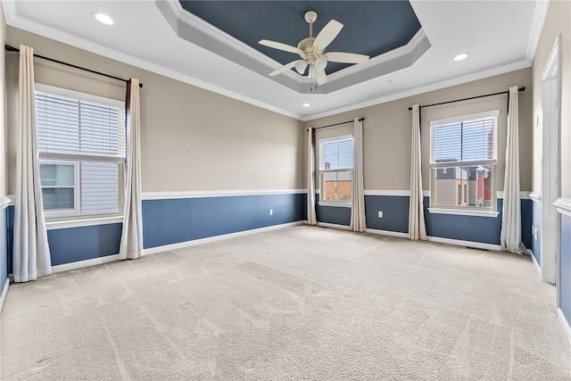 876 Beacon Ln, Mccandless, PA 15237 - carpeted spare room featuring crown molding, a ceiling fan, a raised ceiling, recessed lighting, and baseboards