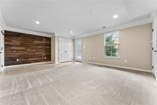 876 Beacon Ln, Mccandless, PA 15237 - spare room with ornamental molding, carpet floors, wooden walls, recessed lighting, and baseboards