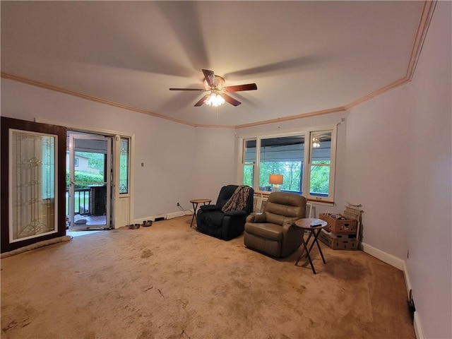 4100 39th Ave, Pulaski Twp Bea, PA 15066 - living area with carpet floors, ornamental molding, baseboards, and a ceiling fan