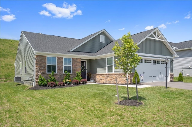 153 Olivia Dr, Center Twp Bea, PA 15061 - craftsman-style home featuring a garage, driveway, stone siding, board and batten siding, and a shingled roof