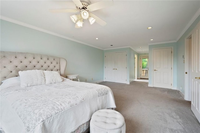 155 Westland Dr, Squirrel Hill, PA 15217 - bedroom featuring carpet flooring, recessed lighting, baseboards, crown molding, and a ceiling fan