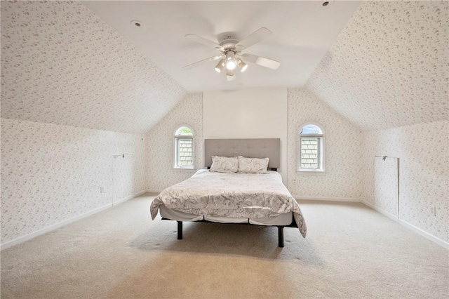 155 Westland Dr, Squirrel Hill, PA 15217 - carpeted bedroom featuring wallpapered walls, lofted ceiling, multiple windows, and ceiling fan