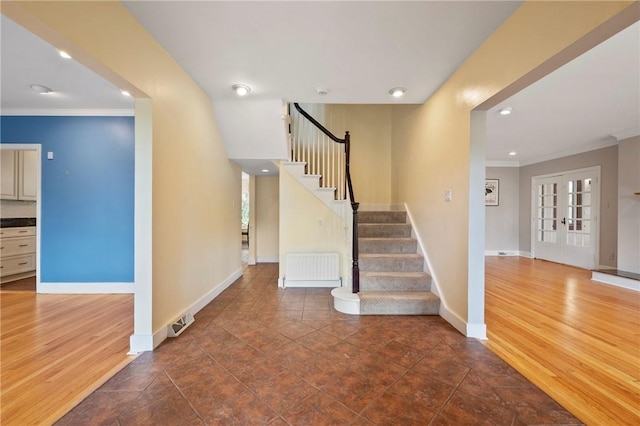 155 Westland Dr, Squirrel Hill, PA 15217 - staircase with ornamental molding, baseboards, french doors, recessed lighting, and radiator