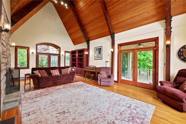 155 Westland Dr, Squirrel Hill, PA 15217 - living area featuring wood finished floors, high vaulted ceiling, wooden ceiling with exposed beams, and a ceiling fan