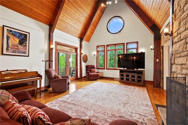 155 Westland Dr, Squirrel Hill, PA 15217 - living room with high vaulted ceiling, wood finished floors, wooden ceiling with exposed beams, baseboards, and a fireplace