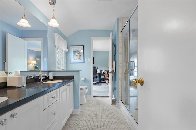 111 Maple Dr, Pine Twp Nal, PA 15090 - full bathroom with double vanity, a stall shower, toilet, vaulted ceiling, and healthy amount of natural light