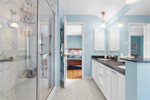 111 Maple Dr, Pine Twp Nal, PA 15090 - ensuite bathroom featuring double vanity, a marble finish shower, and vaulted ceiling