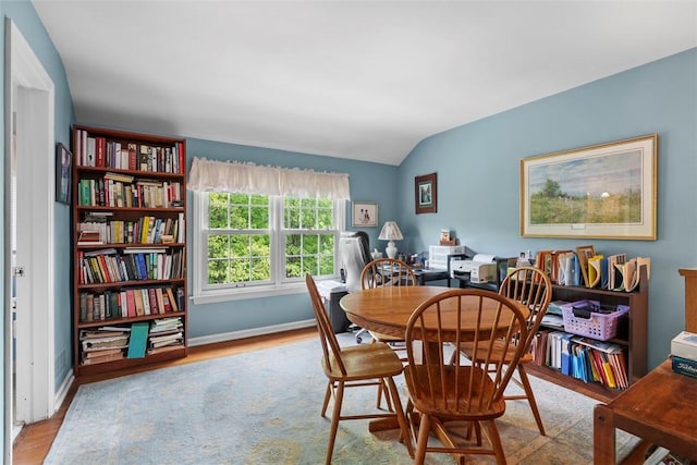 111 Maple Dr, Pine Twp Nal, PA 15090 - dining space with wood finished floors, vaulted ceiling, an office area, and baseboards