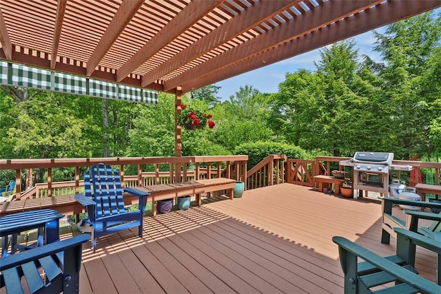 111 Maple Dr, Pine Twp Nal, PA 15090 - deck with a pergola, view of wooded area, and area for grilling