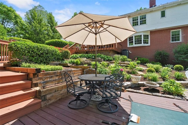 111 Maple Dr, Pine Twp Nal, PA 15090 - wooden deck with stairs, outdoor dining space, and central air condition unit
