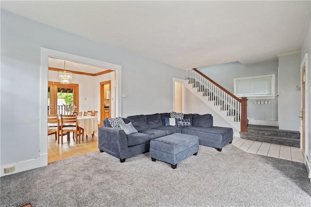 245 Martsolf Ave, West View, PA 15229 - living area featuring carpet floors, stairs, a chandelier, and ornamental molding