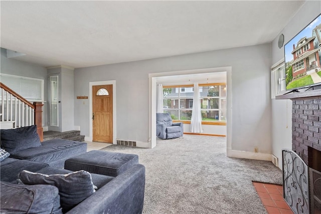 245 Martsolf Ave, West View, PA 15229 - living room with a fireplace, stairs, carpet floors, and baseboards