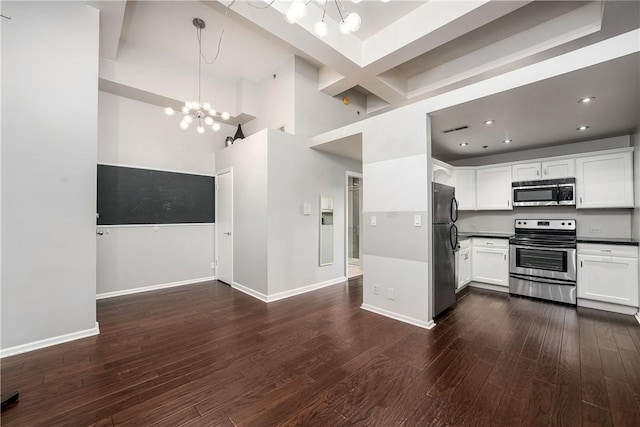 130 S 22nd St Unit 2C, South Side, PA 15203 - kitchen with appliances with stainless steel finishes, a chandelier, dark wood-style flooring, white cabinets, and dark countertops