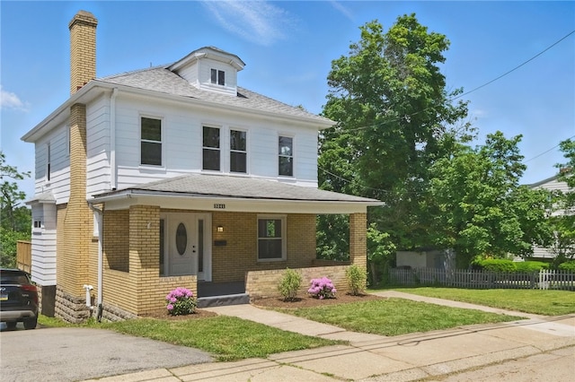 5241 Clarwin Ave, Ross Twp, PA 15229 - american foursquare style home featuring a chimney, covered porch, brick siding, and a shingled roof
