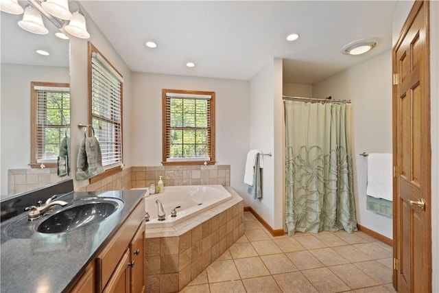 321 Ivy Dr, Pine Twp Nal, PA 15044 - bathroom with a garden tub, vanity, tile patterned flooring, recessed lighting, and curtained shower