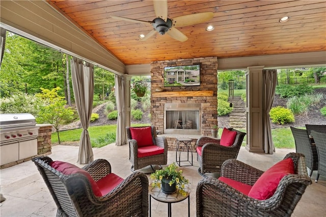 321 Ivy Dr, Pine Twp Nal, PA 15044 - view of patio with area for grilling, an outdoor living space with a fireplace, and a ceiling fan