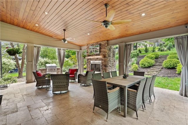 321 Ivy Dr, Pine Twp Nal, PA 15044 - view of patio / terrace featuring an outdoor stone fireplace, outdoor dining space, and ceiling fan