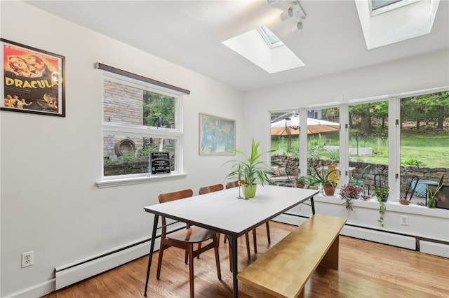 643 Croyland Ave, Indiana Boro, PA 15701 - dining room featuring a skylight, baseboard heating, wood finished floors, and a baseboard radiator