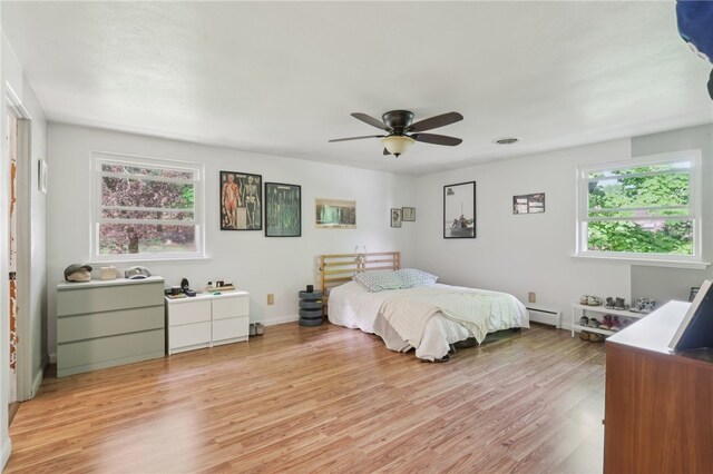 643 Croyland Ave, Indiana Boro, PA 15701 - bedroom with a baseboard heating unit, light wood finished floors, ceiling fan, and baseboards